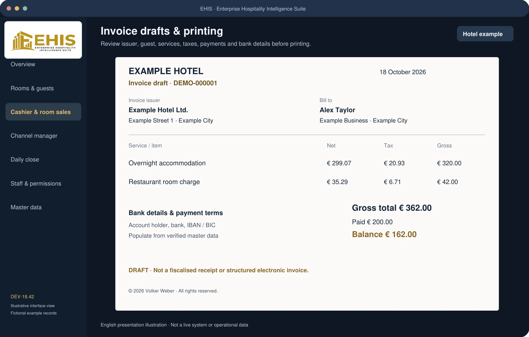 Invoice illustration with service lines, VAT breakdown, payment balance and bank-detail section; clearly marked as draft.